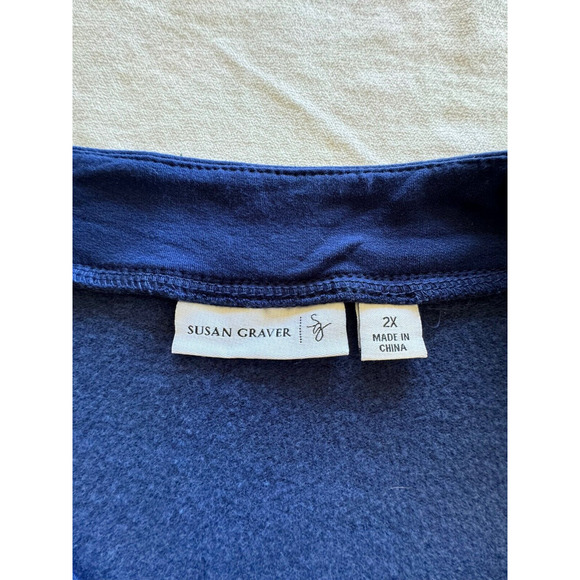 Susan Graver Knit Top Tunic Plus 2X Blue Embellished Pullover Artsy Crew Neck - Picture 4 of 7